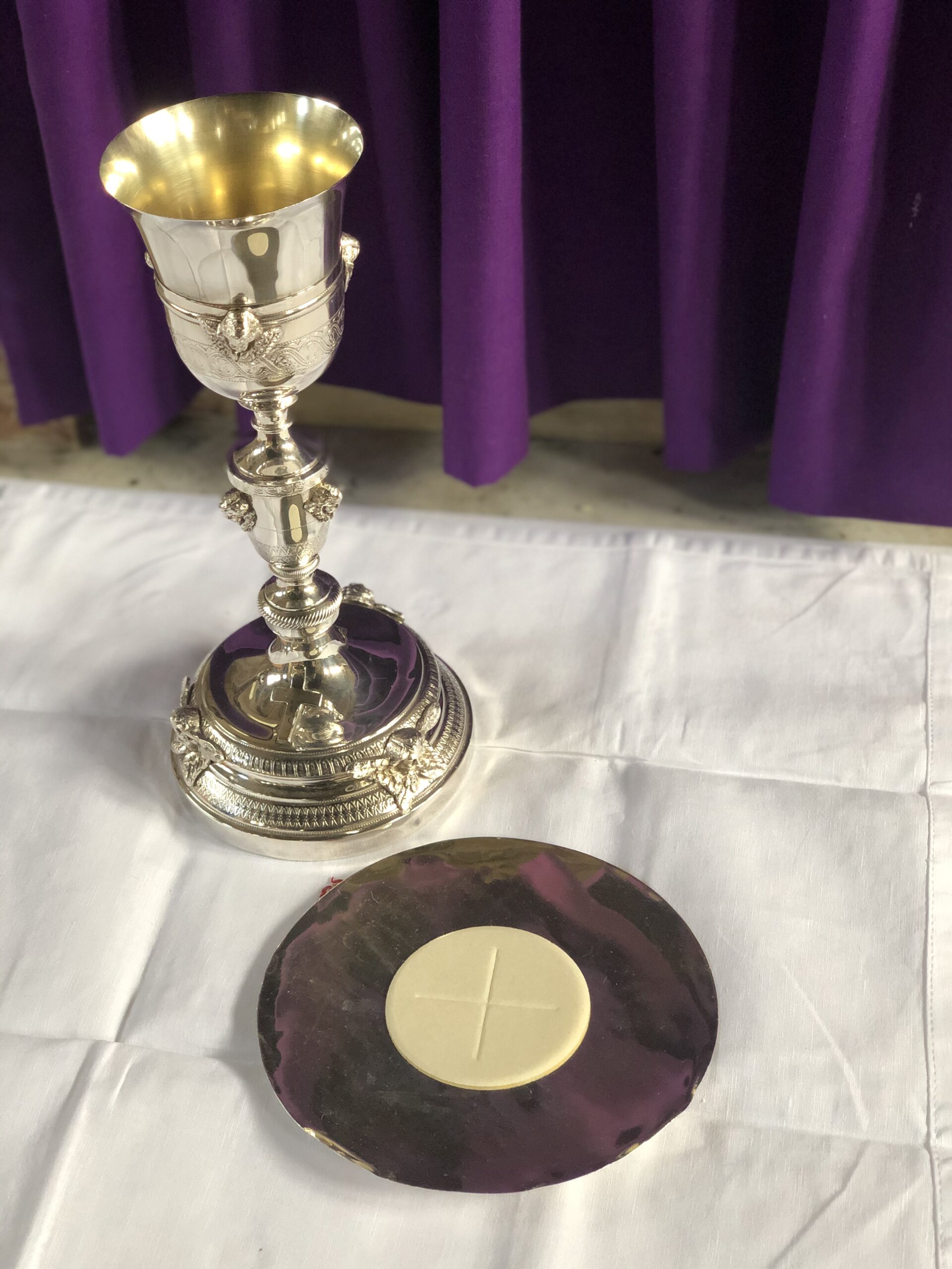 A chalice and paten, used for the celebration of Holy Mass.